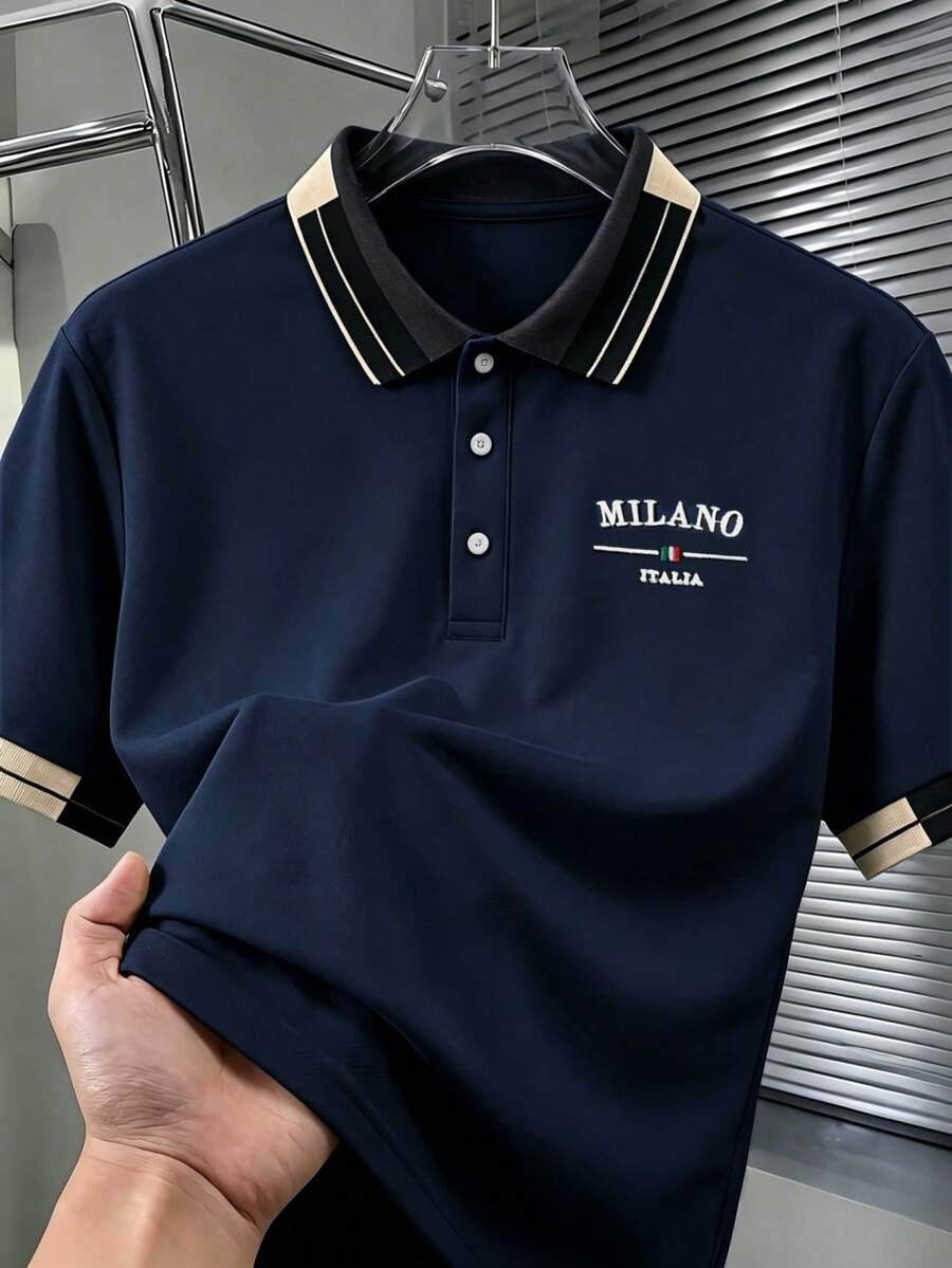 Calvornis Men's Plus Size Embroidered Ribbed Collar Mature Casual Short Sleeve Polo Shirt, Formal, Old Money - Navy Blue - View 1