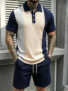 Manfinity CasualCool Knitted Jacquard Casual Solid Color Patchwork Men's Polo Set - Multicolor - View 4