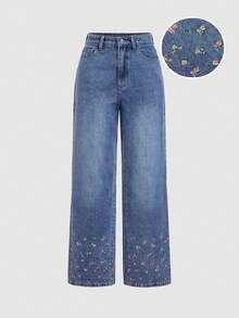 Sweetra Women's Jeans, All-Season Embroidered Sweet Casual Straight-Leg Denim Pants, Suitable For Daily Commute, Travel, Versatile Jeans - Light Wash - View 1