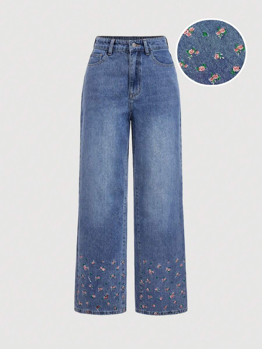 Sweetra Women's Jeans, All-Season Embroidered Sweet Casual Straight-Leg Denim Pants, Suitable For Daily Commute, Travel, Versatile Jeans - Light Wash - View 1