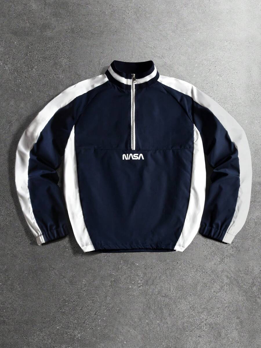 STYNVO Chaqueta casual para hombre con estampado de letras, contraste de color y cierre de cremallera - Azul Marino - Ver 1