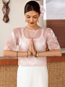 EastFlair Women's 3D Floral Decor Casual Versatile Daily Wear Blouse - Pink - View 8