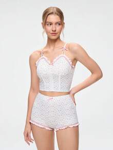 Bonmuse Ditsy Floral Print Bow Front Cami Top & Shorts PJ Set / Pajama Set White Setfor Summer - White - View 1