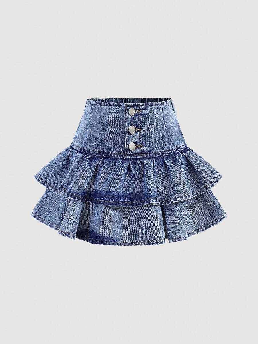 SHEIN Girlism Tween Girl Button Pleated Casual Versatile Daily Outing Denim Mini Skirt Fall Winter Halloween Y2k Graduation Back To School - Blue - View 1