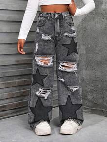 SHEIN Girlism 青少年女孩星星刺繡圖案黑色牛仔寬鬆破洞寬腿長褲 - 黑色 - 查看 6