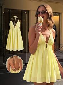 Aloruh Women's Sexy Solid Color Backless Halter Mini Dress Summer Golf Pale Yellow Brunch Vacation Going Out - Light Yellow - View 6