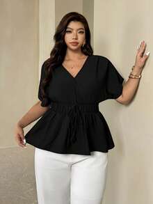 Auralis Plus Size Women Solid Color V-Neck Pleated Casual Versatile Daily Wear Blouse - Black - View 6