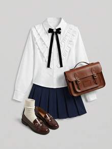 SHEIN Tween女孩返校季百搭百搭白色襯衫，可休閒或正式穿著 - 白色 - 查看 5