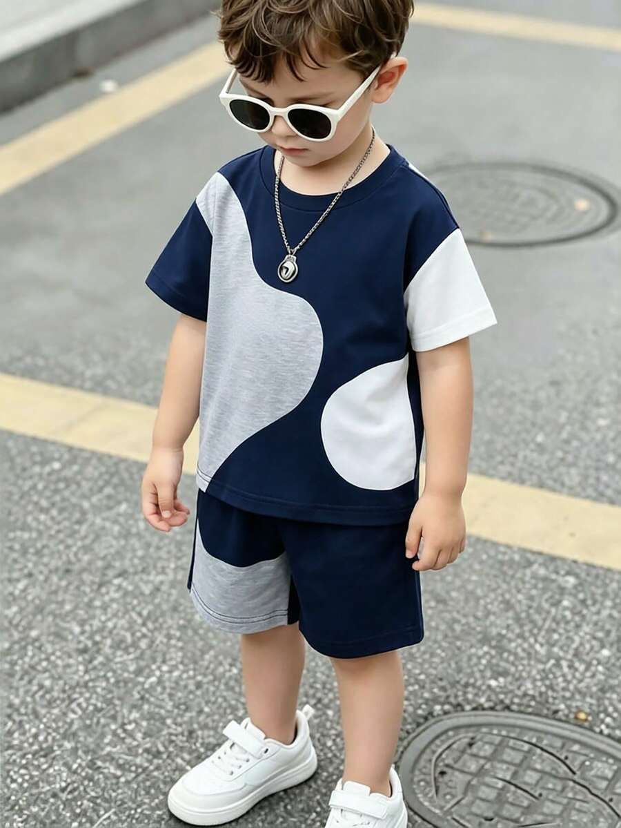 2pcs/Set Boys Casual Fashion Comfortable Pattern Print Crew Neck Drop Shoulder Top And Shorts, Suitable For Spring/Summer, Outdoor Play, Daily Versatile - Multicolor - View 1
