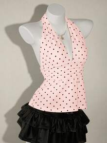 SHEIN ICON 女款夏季性感波點印花露背掛脖上衣 - 淺粉色 - 查看 6