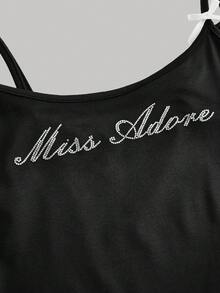 SHEIN MOD Women Fashionable Letter Rhinestone Bow Embellished Camisole Top - Black - View 3