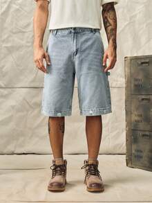 Vintage Light Blue Washed Denim Oversize Casual Cargo Shorts, Distressed Hem, Street Style - Light Wash - View 3