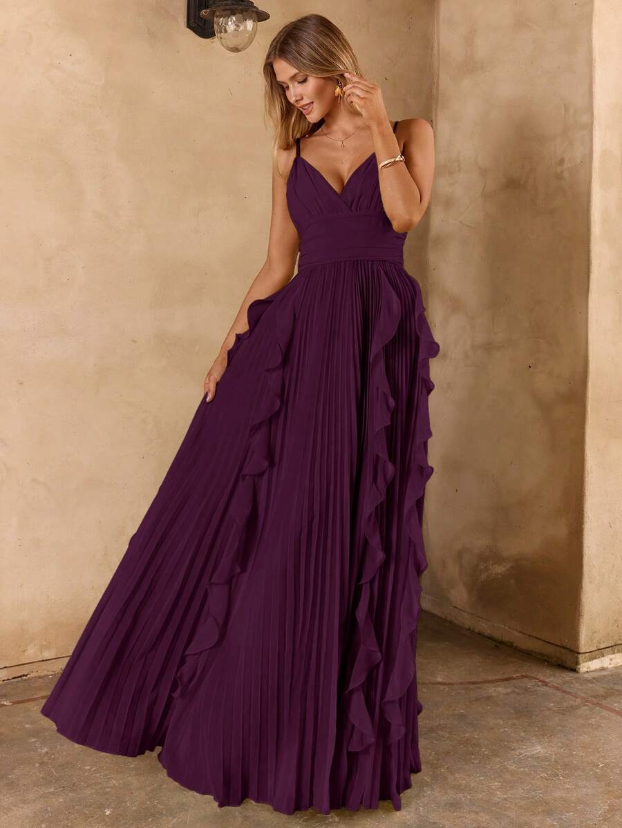 Enchnt Vestido Romántico de Vacaciones con Dobladillo de Volantes Largos, Plisado y Espalda Descubierta - Morado - Ver 1