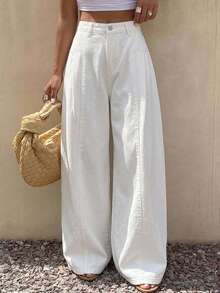 DAZY Women's Solid Color Loose Ruched Patchwork Wide Leg Casual White Versatile Pants, All Season Fall - White - View 12