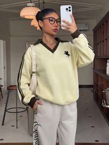 青少年女孩騎士印花條紋V領落肩長袖休閒運動衫 - 彩色 - 查看 3