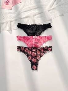 PetitDoll 3 件装优雅花朵印花透明网眼丁字裤内衣 - 彩色 - 查看 1