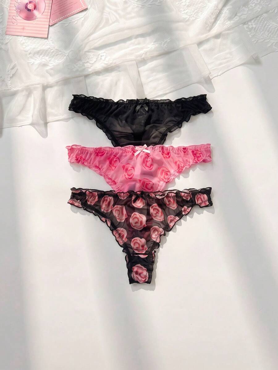 PetitDoll 3 件装优雅花朵印花透明网眼丁字裤内衣 - 彩色 - 查看 1
