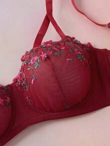 Elorette 1pc Plus Size Mesh Embroidered Underwire Bra - Burgundy - View 3