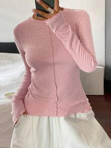 DAZY 女款素色羅紋紋理修身圓領長袖休閒度假街頭風春秋針織套頭T恤 - 粉色 - 查看 3