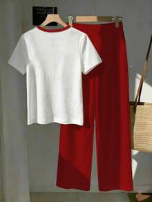 SHEIN EZwear 2件組刺繡圓領短袖上衣與條紋印花長褲，休閒風 - 紅色 - 查看 2