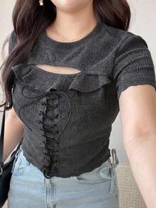 Dazy Plus Atasan Lengan Pendek Seksi Berlubang dengan Tali Pengikat, Kaos Baru Musim Semi/Musim Panas/Musim Gugur - Dark Grey - View 5