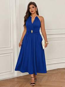 Femmeverse Plus Size Elegant Metal Buckle Ruched Halter Neck Dress - Royal Blue - View 6