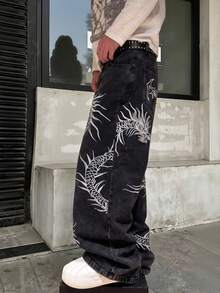 Manfinity EMRG 男士街頭風休閒刺繡黑色牛仔褲 - 黑色 - 查看 5