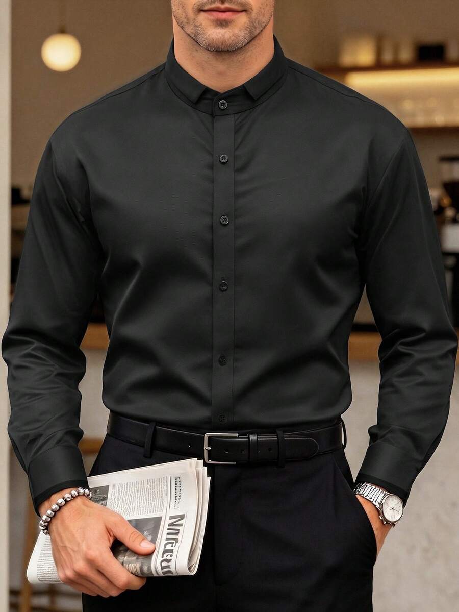 Manfinity Mode Men's Solid Color Long Sleeve Single-Breasted Casual Business Shirt, Formal - Black - View 1