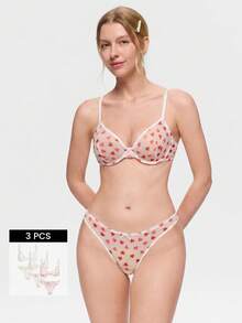 Bonmuse 3 chiếc/Bộ áo ngực có gọng nữ màu trơn, in hình trái tim & hoa, trang trí nơ, thoải mái cho mùa hè - trắng - Xem 1