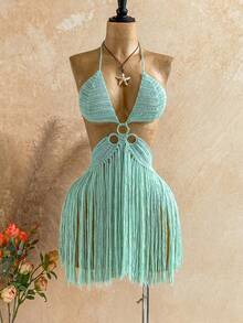 Soleia Women's Solid Color Tassel Design Sexy Boho Knit Halter Neck Dress Beach Vacation Sage Green Autumn - Mint Green - View 5