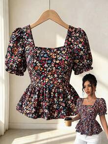 Elenzga Blus Wanita Ukuran Besar Elegan Kasual Serbaguna untuk Liburan, Puff Sleeve Square Neck Musim Semi Musim Panas Terbaru yang Mempertegas Pinggang - MultiWarna - View 5