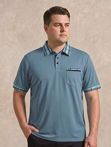 Courvante Plus Size Men's Casual Business Patchwork Plaid Print Short Sleeve Polo Shirt, Summer, Formal - Dusty Blue - View 1