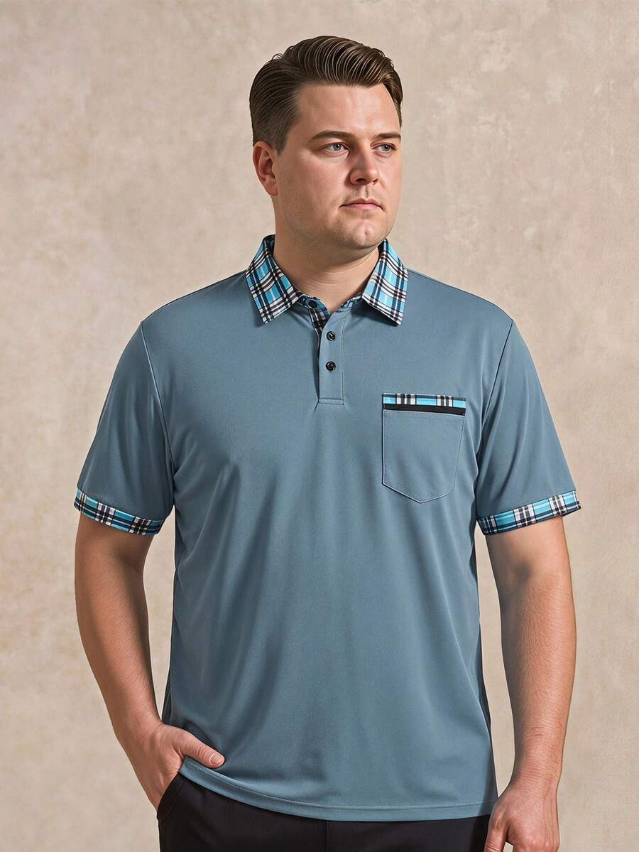 Courvante Plus Size Men's Casual Business Patchwork Plaid Print Short Sleeve Polo Shirt, Summer, Formal - Dusty Blue - View 1