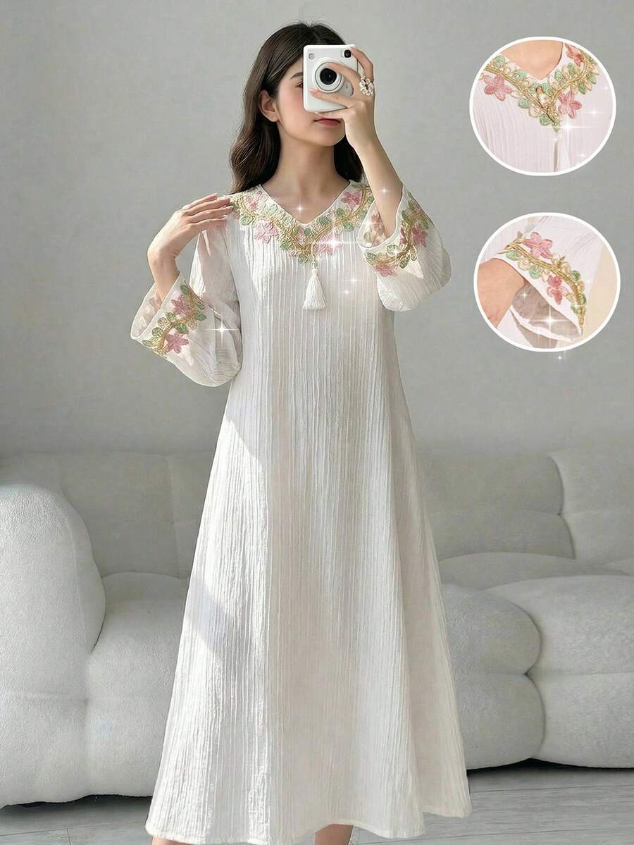 少女秋季洋裝 Al-Adha 白色花卉 Abaya,夏季波西米亞度假風保守迷你洋裝,秋季穿搭 - 白色 - 查看 1