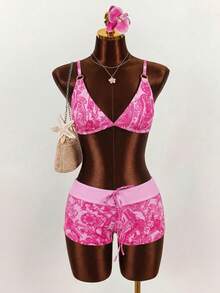 Bonvoyette Spring/Summer 2 Pieces Women's Beachwear Set Fashionable Cute Sexy Tropical Vacation Seaside Swimming Pool Party Beach Random Print Multi-Color Pink - Multicolor - View 6