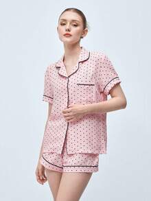 Softvol 2pcs Comfortable Mini Dot Print Pajama Set, Short Sleeve Collared Top With Pocket And Bow Shorts, Women Sleepwear Homewear For All Seasons - Pink - View 4