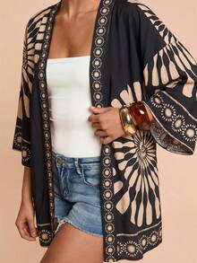 Travachic Women's Floral Print Drop Shoulder Long Sleeve Kimono Cover Up - Black - View 7