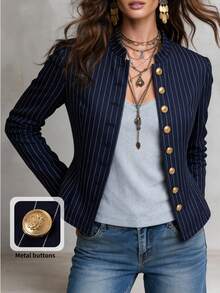 Solivie Women's Fashion Commuter Office Navy Blue Jacket, Works For Women, Autumn For Women Fall Women Clothes Women Winter Coat Jacket Elegant 70s Retro - Navy Blue - View 7