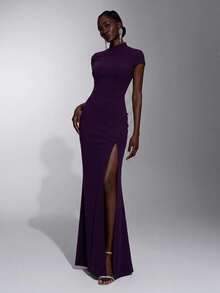 Elitara Elegant Romantic Purple Knit Cheongsam Collar Mermaid Dress Bodycon High Slit Cap Sleeve Women Prom Wedding Dinner Evening Formal Gown Winter - Purple - View 6