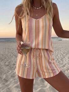 SHEIN LUNE 休閒極簡風女款條紋細肩帶背心與短褲兩件套，適合夏季 - 彩色 - 查看 1