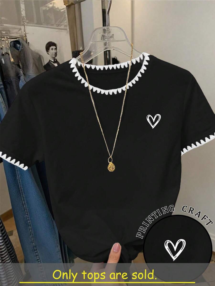SHEIN 女士休闲爱心印花罗纹下摆圆领短袖T恤,夏季 - 黑色 - 查看 1