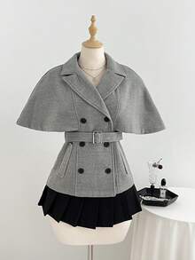 Elamini Capa de lana gris de diseño elegante y dulce con doble botonadura para mujer - Gris - Ver 3