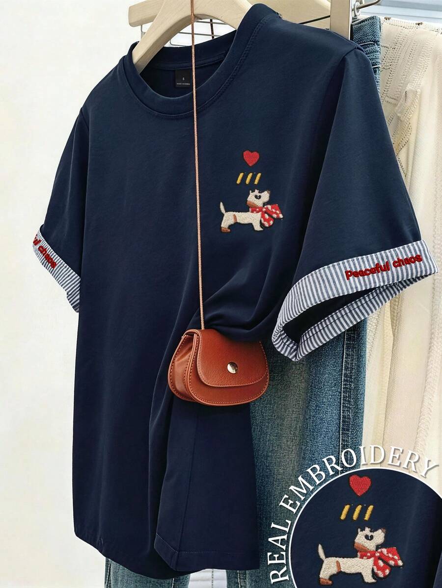 Resyla 女款夏季休閒條紋拼接小狗刺繡上衣 - 寶藍色 - 查看 1