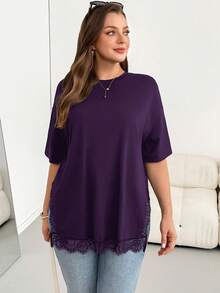Shapeblank Plus Size Women's Solid Color Round Neck Dropped Shoulder Sleeve Contrast Lace Side Slit Hem Casual T-Shirt - Purple - View 5