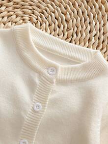 SHEIN Baby Boys Cardigans Infant Toddler Round Neck Knitted Solid Color Sweater Jacquard Cartoon Cute Comfortable Simple Casual Animal Off-White - Beige - View 7