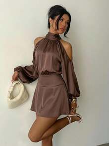 Aloruh 女士新款纯色长袖迷你连衣裙，灯笼袖A字裙，适合派对、约会、下午茶等场合，秋冬季款 - 棕色 - 查看 1