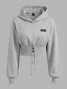 SHEIN EZwear 淺灰色女款標語腰部綁帶設計連帽衛衣 - 淺灰色 - 查看 1