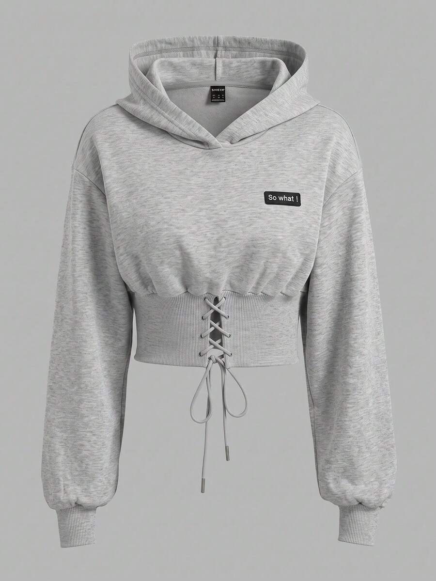 SHEIN EZwear 淺灰色女款標語腰部綁帶設計連帽衛衣 - 淺灰色 - 查看 1