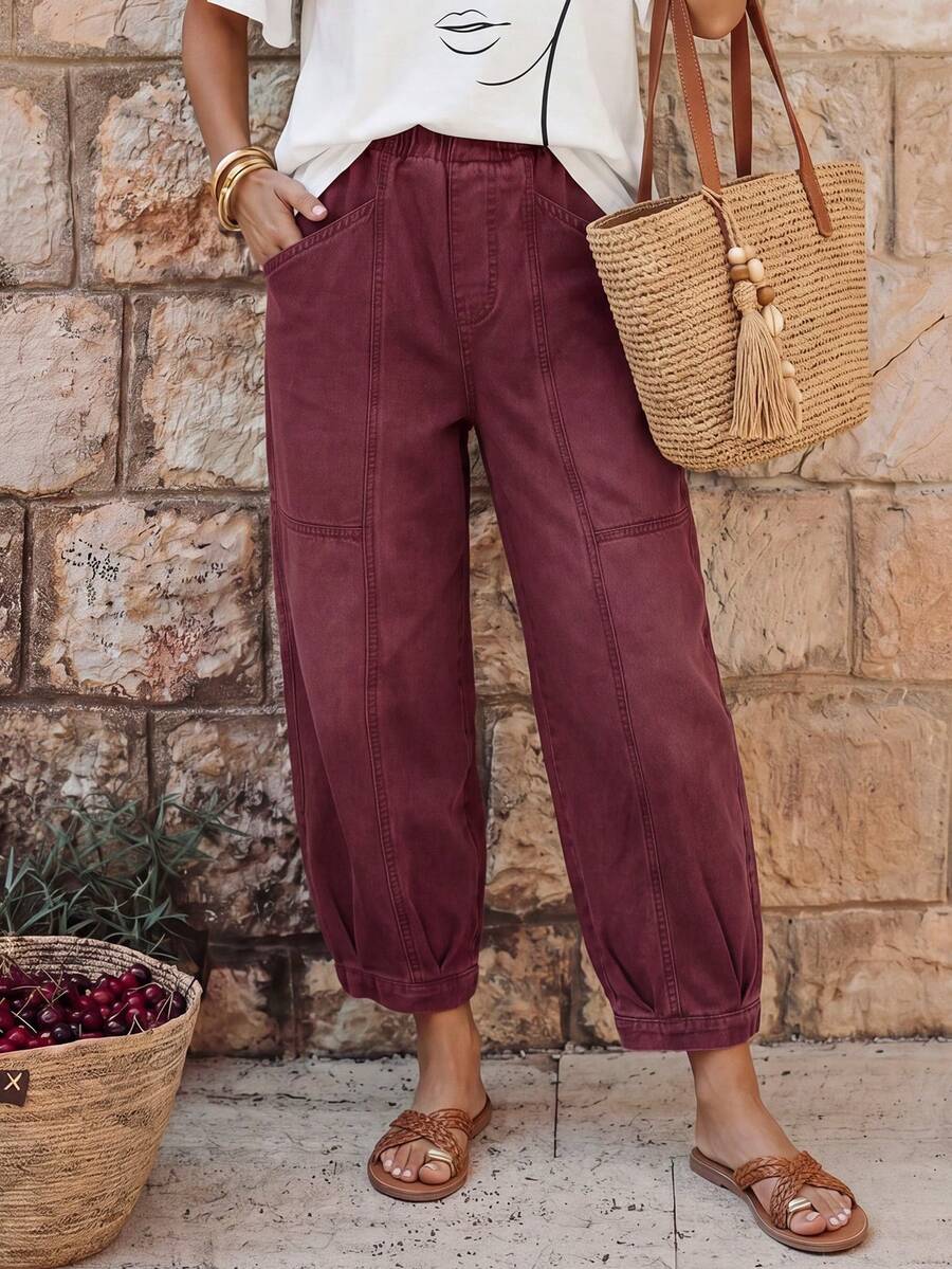 EMERY ROSE 女士休闲水洗复古灯笼裤牛仔裤女休闲裤松紧腰裤女式口袋灯笼裤七分裤 - 紅色 - 查看 1