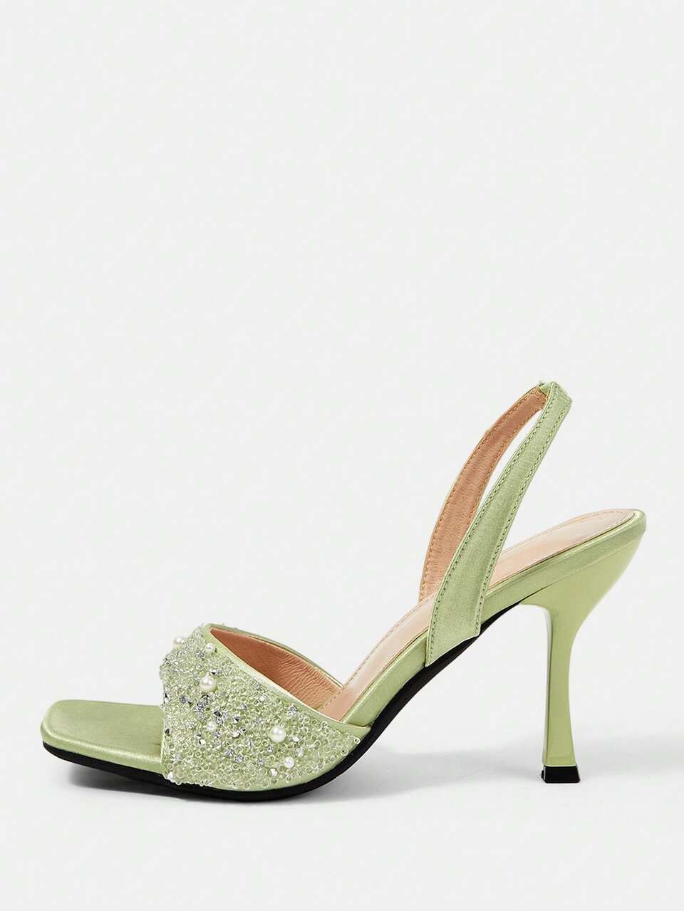 CUCCOO HITCHD Women's Shoes Thin Heel Square Toe Pearl Rhinestone Green Satin High Heel Sandals Fashion Elegant Slippery Heels Dating Afternoon Tea Party